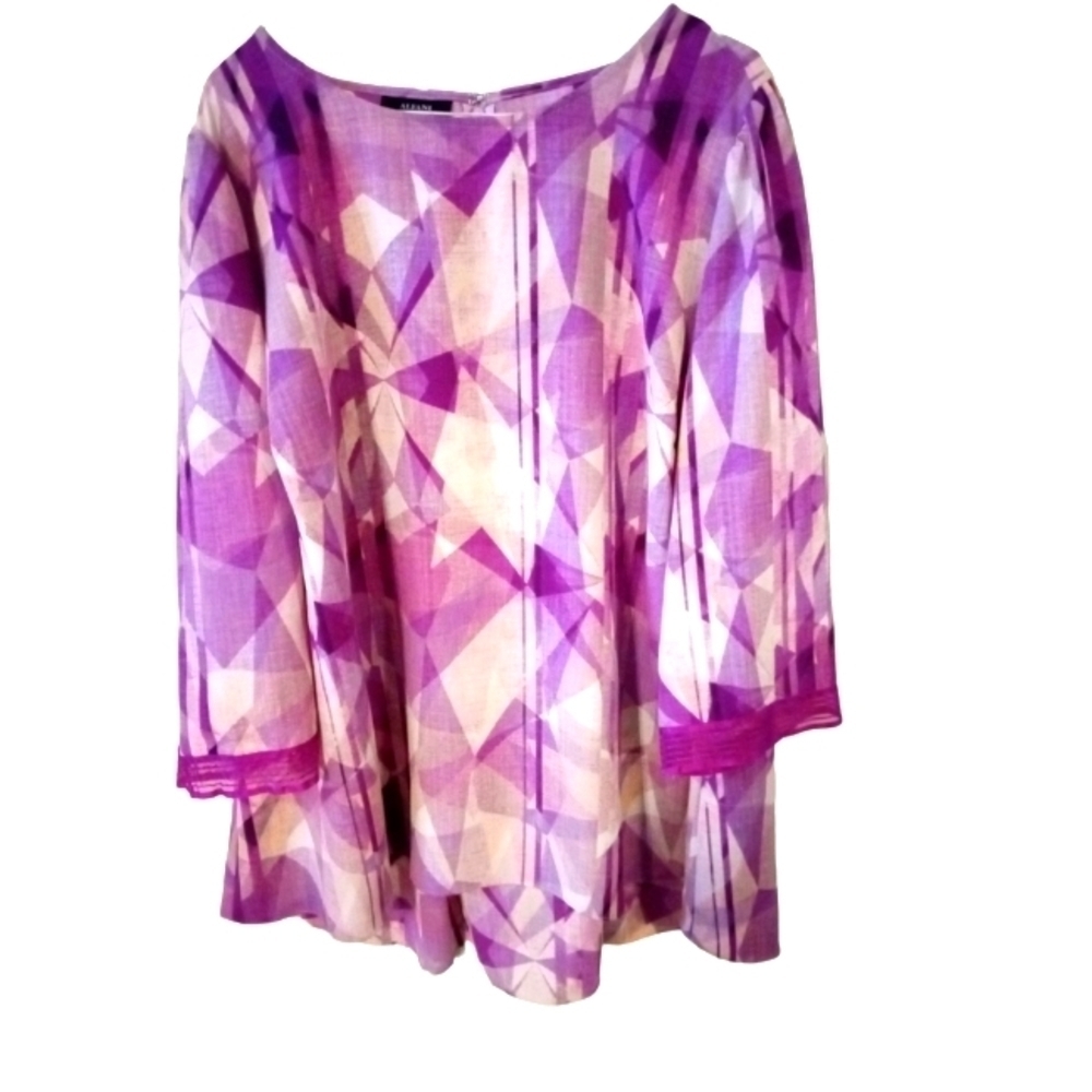 Alfani Purple & White Geo Design Sheer Cuff 3/4 Slve. Hi-Lo Plus Size Tunic 3X